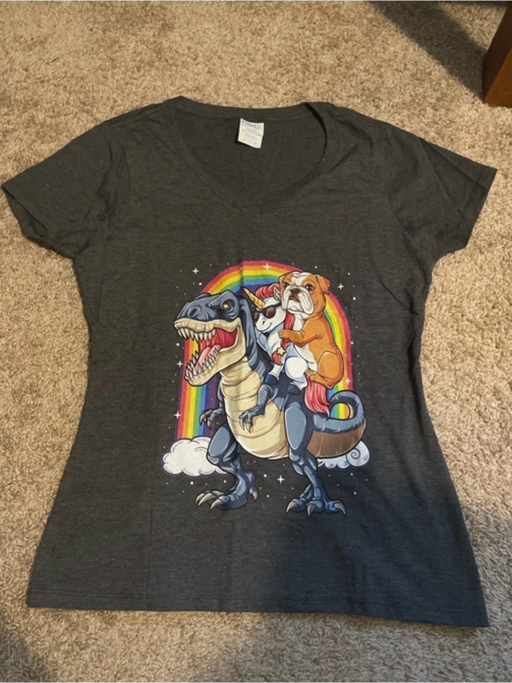 Unicorn & English Bulldog Rainbow Dinosaur V Neck Graphic Tee - Charcoal